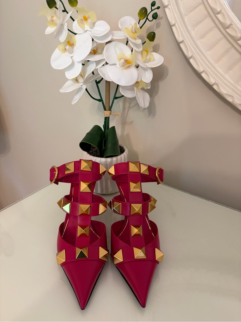 Valentino Pink Pointed Toe Strappy Heels with Gold Studs